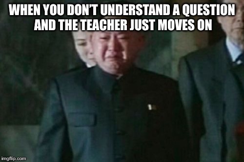 Kim Jong Un Sad Meme | WHEN YOU DON’T UNDERSTAND A QUESTION AND THE TEACHER JUST MOVES ON | image tagged in memes,kim jong un sad | made w/ Imgflip meme maker
