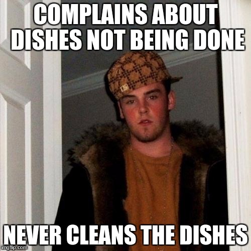 Housemate Steve | COMPLAINS ABOUT DISHES NOT BEING DONE; NEVER CLEANS THE DISHES | image tagged in memes,scumbag steve | made w/ Imgflip meme maker