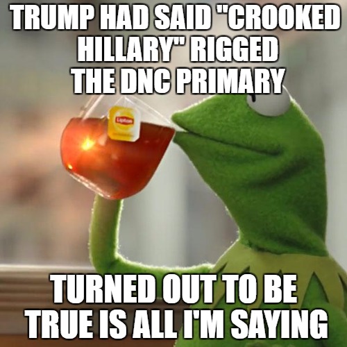 just saying | TRUMP HAD SAID "CROOKED HILLARY" RIGGED THE DNC PRIMARY; TURNED OUT TO BE TRUE IS ALL I'M SAYING | image tagged in memes,but thats none of my business,kermit the frog | made w/ Imgflip meme maker