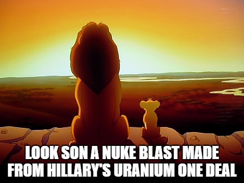 What a deal | LOOK SON A NUKE BLAST MADE FROM HILLARY'S URANIUM ONE DEAL | image tagged in memes,lion king | made w/ Imgflip meme maker