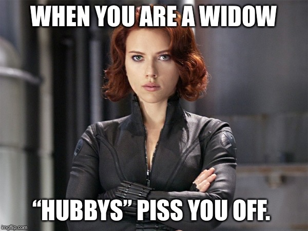 Black Widow - Not Impressed | WHEN YOU ARE A WIDOW; “HUBBYS” PISS YOU OFF. | image tagged in black widow - not impressed | made w/ Imgflip meme maker