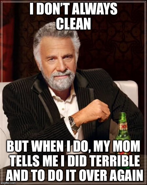 The Most Interesting Man In The World Meme | I DON’T ALWAYS CLEAN; BUT WHEN I DO, MY MOM TELLS ME I DID TERRIBLE AND TO DO IT OVER AGAIN | image tagged in memes,the most interesting man in the world | made w/ Imgflip meme maker