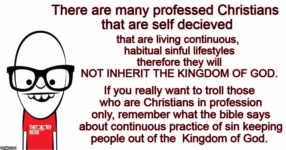 Theology Nerd  | There are many professed Christians that are self decieved If you really want to troll those who are Christians in profession only, remember | image tagged in theology nerd | made w/ Imgflip meme maker