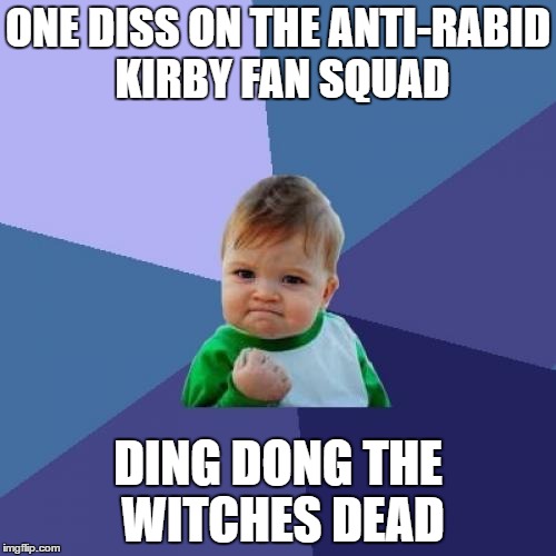 Success Kid Meme | ONE DISS ON THE ANTI-RABID KIRBY FAN SQUAD; DING DONG THE WITCHES DEAD | image tagged in memes,success kid | made w/ Imgflip meme maker