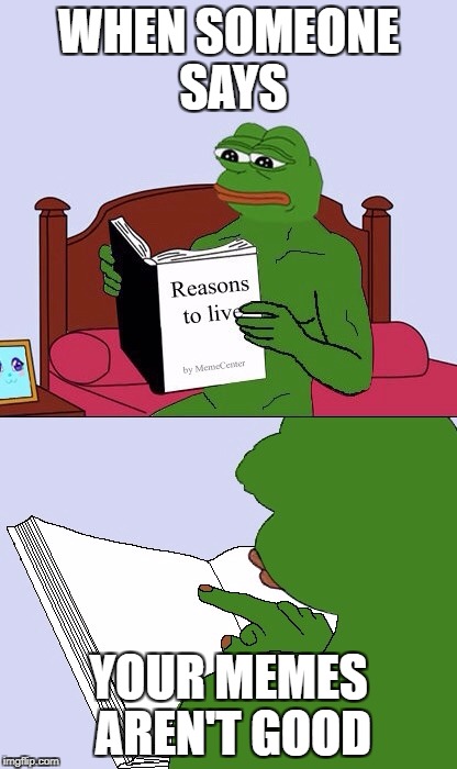 Blank Pepe Reasons to Live | WHEN SOMEONE SAYS; YOUR MEMES AREN'T GOOD | image tagged in blank pepe reasons to live | made w/ Imgflip meme maker