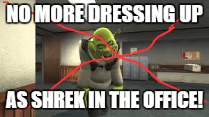 shrek ive come for you | NO MORE DRESSING UP; AS SHREK IN THE OFFICE! | image tagged in shrek ive come for you | made w/ Imgflip meme maker