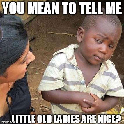 Third World Skeptical Kid Meme | YOU MEAN TO TELL ME LITTLE OLD LADIES ARE NICE? | image tagged in memes,third world skeptical kid | made w/ Imgflip meme maker