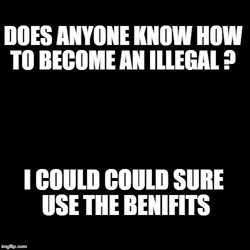 DOES ANYONE KNOW HOW TO BECOME AN ILLEGAL ? I COULD COULD SURE USE THE BENIFITS | image tagged in illegal immigration | made w/ Imgflip meme maker