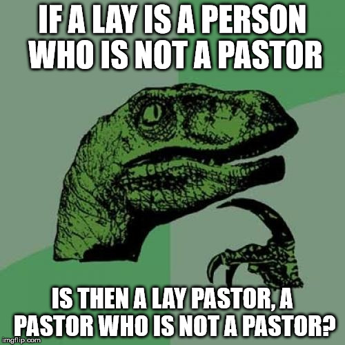 Philosoraptor Meme | IF A LAY IS A PERSON WHO IS NOT A PASTOR; IS THEN A LAY PASTOR, A PASTOR WHO IS NOT A PASTOR? | image tagged in memes,philosoraptor | made w/ Imgflip meme maker