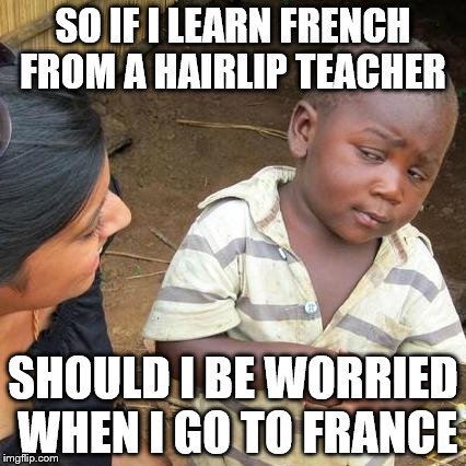 Third World Skeptical Kid Meme | SO IF I LEARN FRENCH FROM A HAIRLIP TEACHER; SHOULD I BE WORRIED WHEN I GO TO FRANCE | image tagged in memes,third world skeptical kid | made w/ Imgflip meme maker