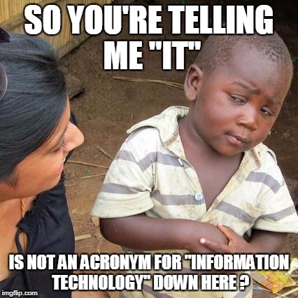 Third World Skeptical Kid Meme | SO YOU'RE TELLING ME "IT" IS NOT AN ACRONYM FOR "INFORMATION TECHNOLOGY" DOWN HERE ? | image tagged in memes,third world skeptical kid | made w/ Imgflip meme maker