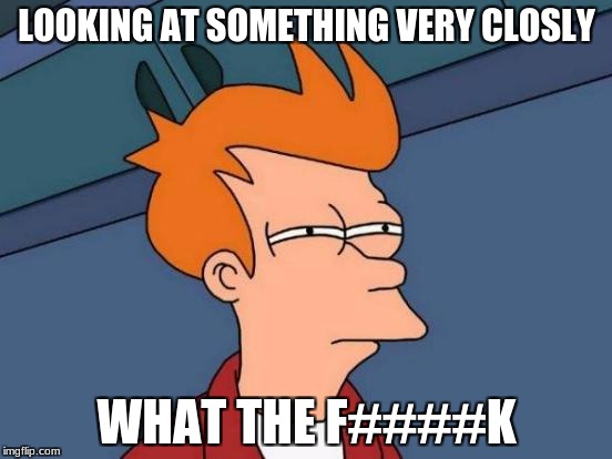 Futurama Fry Meme | LOOKING AT SOMETHING VERY CLOSLY; WHAT THE F####K | image tagged in memes,futurama fry | made w/ Imgflip meme maker