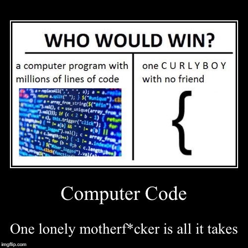 Curly the lonely bracket | image tagged in funny,demotivationals,code,who would win | made w/ Imgflip demotivational maker