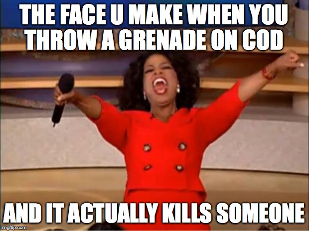 Oprah You Get A | THE FACE U MAKE WHEN YOU THROW A GRENADE ON COD; AND IT ACTUALLY KILLS SOMEONE | image tagged in memes,oprah you get a | made w/ Imgflip meme maker