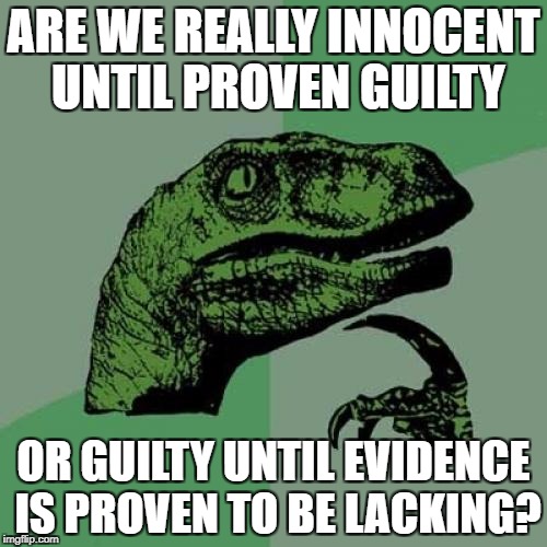 Philosoraptor Meme | ARE WE REALLY INNOCENT UNTIL PROVEN GUILTY; OR GUILTY UNTIL EVIDENCE IS PROVEN TO BE LACKING? | image tagged in memes,philosoraptor | made w/ Imgflip meme maker