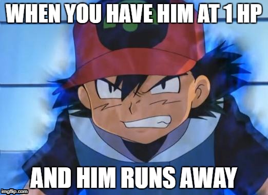 pokemon meme | WHEN YOU HAVE HIM AT 1 HP; AND HIM RUNS AWAY | image tagged in pokemon | made w/ Imgflip meme maker