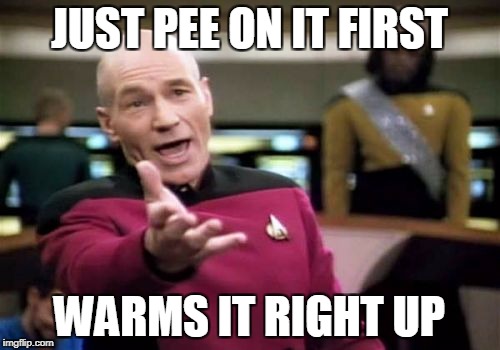 Picard Wtf Meme | JUST PEE ON IT FIRST WARMS IT RIGHT UP | image tagged in memes,picard wtf | made w/ Imgflip meme maker