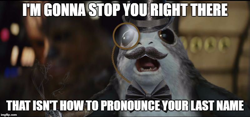 Mansplaining Porg | I'M GONNA STOP YOU RIGHT THERE; THAT ISN'T HOW TO PRONOUNCE YOUR LAST NAME | image tagged in mansplaining porg | made w/ Imgflip meme maker
