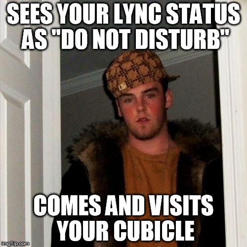 Scumbag Steve Meme | SEES YOUR LYNC STATUS AS "DO NOT DISTURB"; COMES AND VISITS YOUR CUBICLE | image tagged in memes,scumbag steve | made w/ Imgflip meme maker