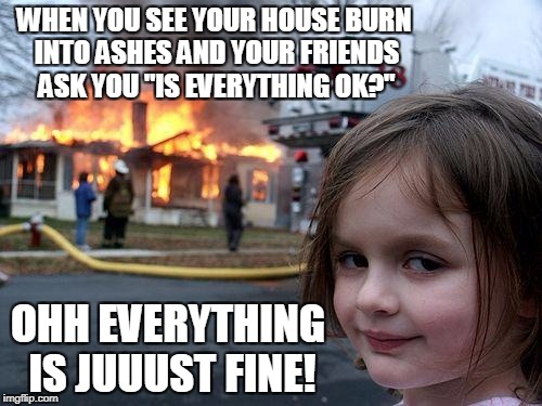 Disaster Girl | WHEN YOU SEE YOUR HOUSE BURN INTO ASHES AND YOUR FRIENDS ASK YOU "IS EVERYTHING OK?"; OHH EVERYTHING IS JUUUST FINE! | image tagged in memes,disaster girl | made w/ Imgflip meme maker