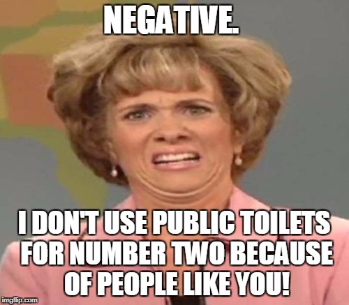 NEGATIVE. I DON'T USE PUBLIC TOILETS FOR NUMBER TWO BECAUSE OF PEOPLE LIKE YOU! | made w/ Imgflip meme maker