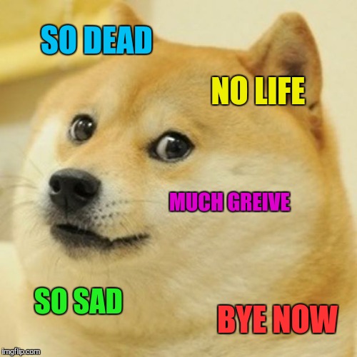 Doge Meme | SO DEAD NO LIFE MUCH GREIVE SO SAD BYE NOW | image tagged in memes,doge | made w/ Imgflip meme maker
