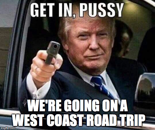 Donald Trump Get in pussy | WE'RE GOING ON A WEST COAST ROAD TRIP | image tagged in donald trump get in pussy | made w/ Imgflip meme maker