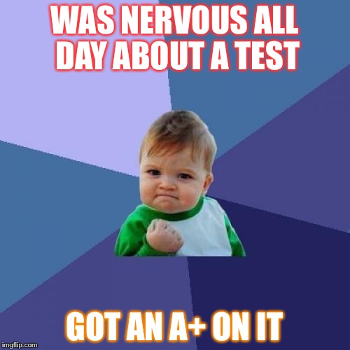 Success Kid | WAS NERVOUS ALL DAY ABOUT A TEST; GOT AN A+ ON IT | image tagged in memes,success kid | made w/ Imgflip meme maker