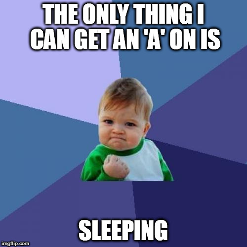 Success Kid |  THE ONLY THING I CAN GET AN 'A' ON IS; SLEEPING | image tagged in memes,success kid | made w/ Imgflip meme maker