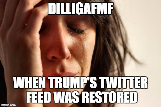 First World Problems Meme | DILLIGAFMF WHEN TRUMP'S TWITTER FEED WAS RESTORED | image tagged in memes,first world problems | made w/ Imgflip meme maker