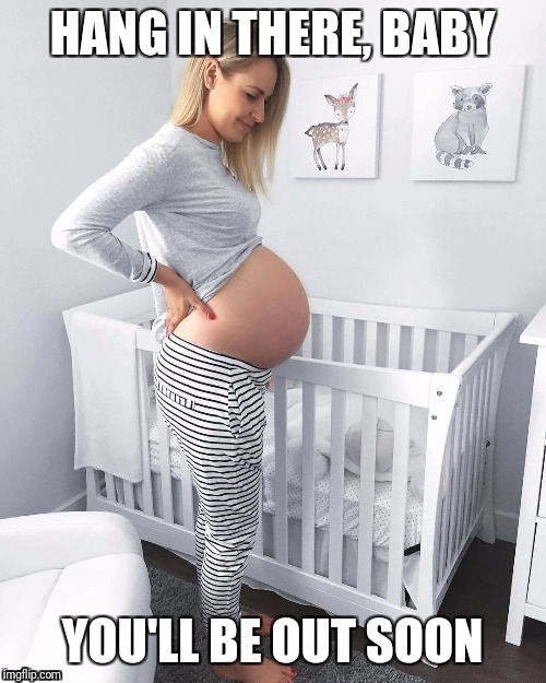 Pregnant woman in nursery | HANG IN THERE, BABY; YOU'LL BE OUT SOON | image tagged in pregnant,pregnant woman | made w/ Imgflip meme maker