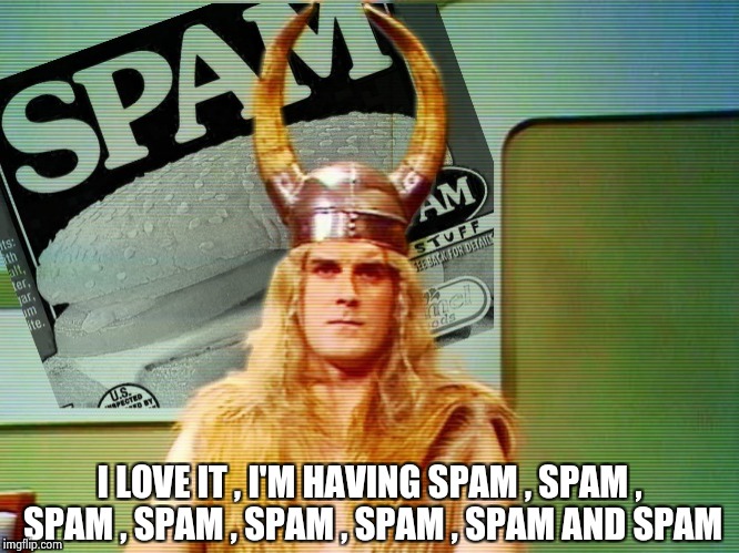 Spam , spam , spam . . . | I LOVE IT , I'M HAVING SPAM , SPAM , SPAM , SPAM , SPAM , SPAM , SPAM AND SPAM | image tagged in spam  spam  spam . . . | made w/ Imgflip meme maker