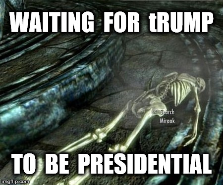 someday soon | WAITING  FOR  tRUMP; TO  BE  PRESIDENTIAL | image tagged in donald trump,memes,funny memes,funny,politics | made w/ Imgflip meme maker