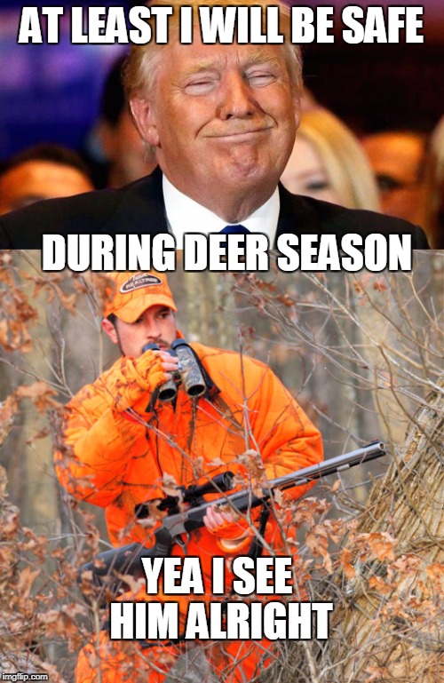 Blaze orange saves lives | AT LEAST I WILL BE SAFE; DURING DEER SEASON; YEA I SEE HIM ALRIGHT | image tagged in donald trump,trump,deer | made w/ Imgflip meme maker