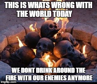 Skulls | THIS IS WHATS WRONG WITH THE WORLD TODAY; WE DONT DRINK AROUND THE FIRE WITH OUR ENEMIES ANYMORE | image tagged in enemies | made w/ Imgflip meme maker