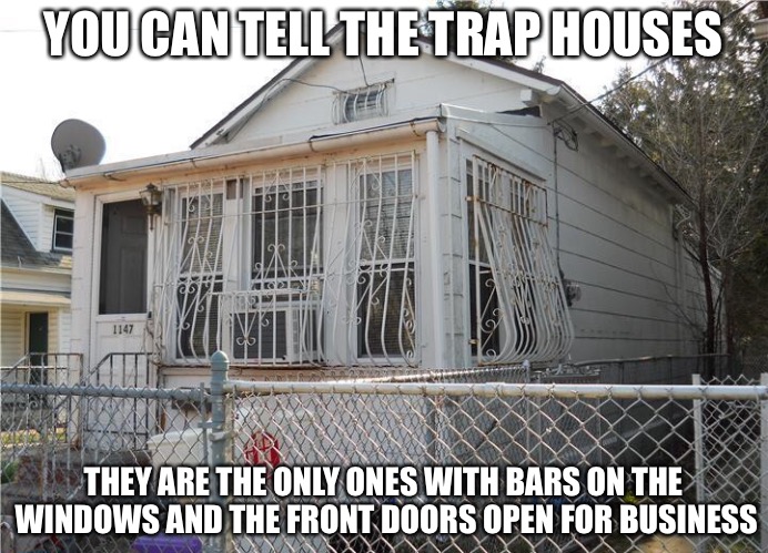 Trap House | YOU CAN TELL THE TRAP HOUSES; THEY ARE THE ONLY ONES WITH BARS ON THE WINDOWS AND THE FRONT DOORS OPEN FOR BUSINESS | image tagged in crack,crackhead,drugs,drug dealer,addiction | made w/ Imgflip meme maker