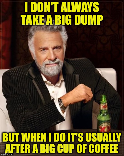 Who gives a shit | I DON'T ALWAYS TAKE A BIG DUMP; BUT WHEN I DO IT'S USUALLY AFTER A BIG CUP OF COFFEE | image tagged in memes,the most interesting man in the world,coffee,dump,turd | made w/ Imgflip meme maker
