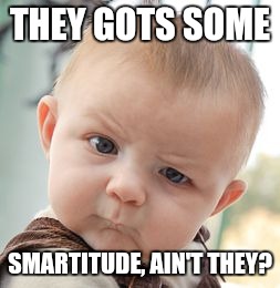 Skeptical Baby Meme | THEY GOTS SOME SMARTITUDE, AIN'T THEY? | image tagged in memes,skeptical baby | made w/ Imgflip meme maker