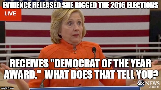Hillary Clinton Fail | EVIDENCE RELEASED SHE RIGGED THE 2016 ELECTIONS; RECEIVES "DEMOCRAT OF THE YEAR AWARD."  WHAT DOES THAT TELL YOU? | image tagged in hillary clinton fail | made w/ Imgflip meme maker