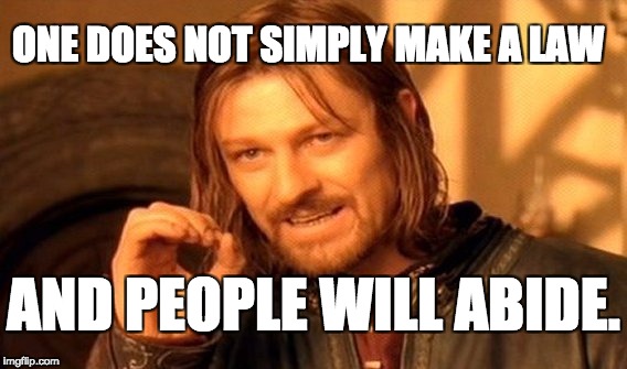 ONE DOES NOT SIMPLY MAKE A LAW AND PEOPLE WILL ABIDE. | image tagged in memes,one does not simply | made w/ Imgflip meme maker