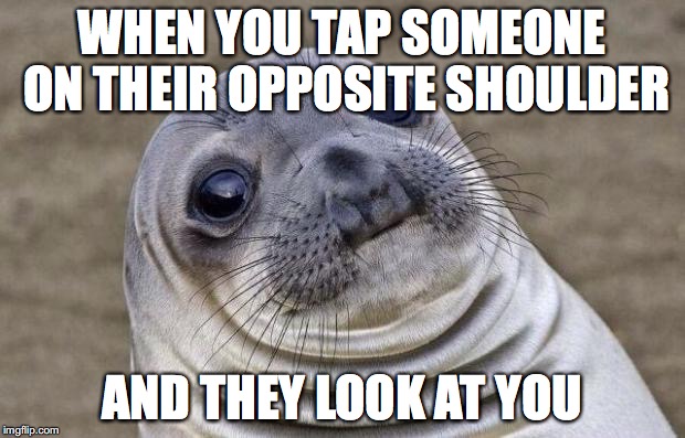Awkward Moment Sealion Meme | WHEN YOU TAP SOMEONE ON THEIR OPPOSITE SHOULDER; AND THEY LOOK AT YOU | image tagged in memes,awkward moment sealion | made w/ Imgflip meme maker