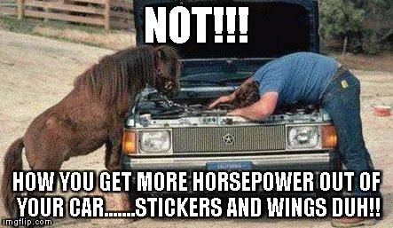 Shade Tree Mechanic | NOT!!! HOW YOU GET MORE HORSEPOWER OUT OF YOUR CAR.......STICKERS AND WINGS DUH!! | image tagged in mechanic | made w/ Imgflip meme maker