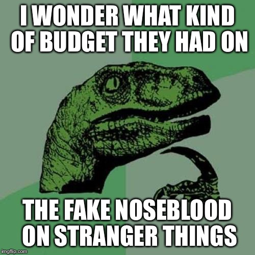 Philosoraptor Meme | I WONDER WHAT KIND OF BUDGET THEY HAD ON; THE FAKE NOSEBLOOD ON STRANGER THINGS | image tagged in memes,philosoraptor | made w/ Imgflip meme maker