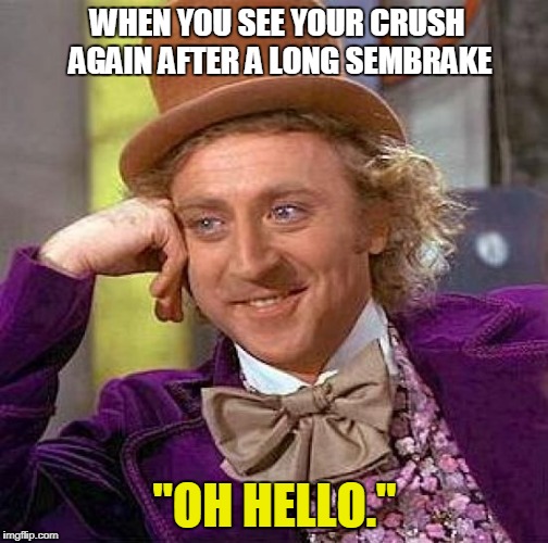 Creepy Condescending Wonka Meme | WHEN YOU SEE YOUR CRUSH AGAIN AFTER A LONG SEMBRAKE; "OH HELLO." | image tagged in memes,creepy condescending wonka | made w/ Imgflip meme maker