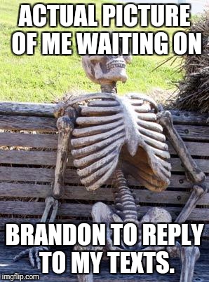 Waiting Skeleton | ACTUAL PICTURE OF ME WAITING ON; BRANDON TO REPLY TO MY TEXTS. | image tagged in memes,waiting skeleton | made w/ Imgflip meme maker