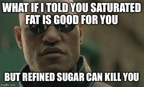 Matrix Morpheus | WHAT IF I TOLD YOU SATURATED FAT IS GOOD FOR YOU; BUT REFINED SUGAR CAN KILL YOU | image tagged in memes,matrix morpheus | made w/ Imgflip meme maker