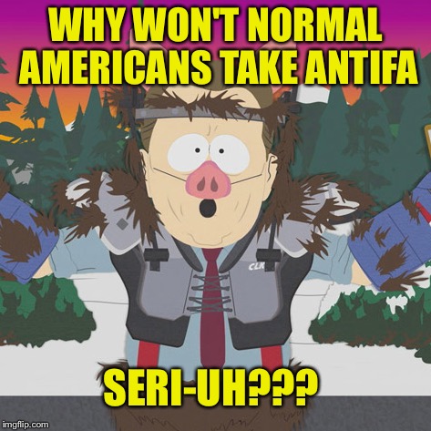 Al Gore ManBearPig South Park | WHY WON'T NORMAL AMERICANS TAKE ANTIFA; SERI-UH??? | image tagged in al gore manbearpig south park | made w/ Imgflip meme maker