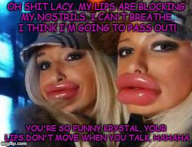 Duck Face Chicks | OH SHIT LACY, MY LIPS ARE BLOCKING MY NOSTRILS, I CAN'T BREATHE, I THINK I'M GOING TO PASS OUT! YOU'RE SO FUNNY KRYSTAL, YOUR LIPS DON'T MOVE WHEN YOU TALK, HAHAHA | image tagged in memes,duck face chicks | made w/ Imgflip meme maker