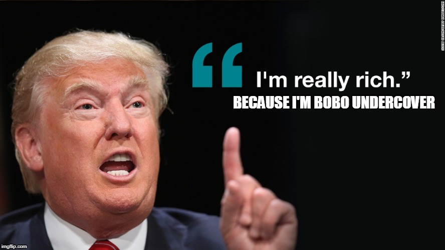 I'm Really Rich | BECAUSE I'M BOBO UNDERCOVER | image tagged in i'm really rich | made w/ Imgflip meme maker