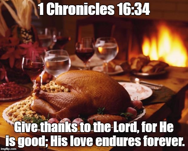 Thanksgiving | 1 Chronicles 16:34; Give thanks to the Lord, for He is good; His love endures forever. | image tagged in thanksgiving | made w/ Imgflip meme maker